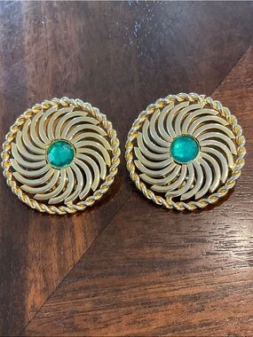 Gold-Tone Swirl Clip Earrings with Emerald Green Stone